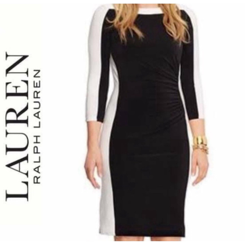 Lauren Ralph Lauren Long Sleeve Black White Color Block Business Midi Dress Sz 6